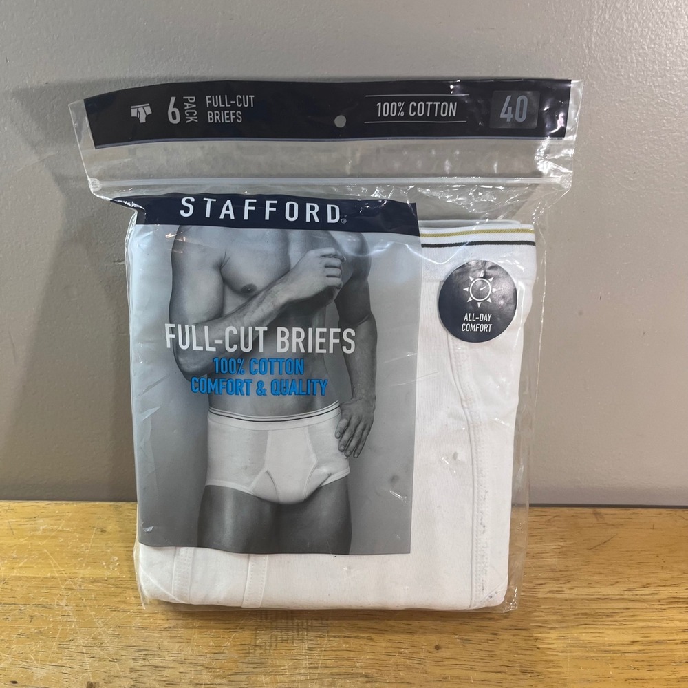 Stafford Full-Cut Briefs Mens 40 White NEW 6-Pack 100% Cotton Classic Fit